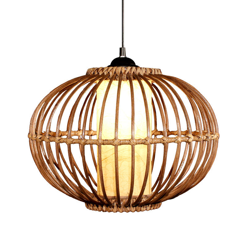 Bamboo Lantern Ceiling Light Asian 1 Bulb Brown Pendant Lighting Fixture with Inner Cylinder Parchment Shade Clearhalo 'Ceiling Lights' 'Pendant Lights' 'Pendants' Lighting' 379741