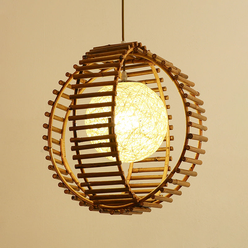 Sphere Bamboo Hanging Light Asian 1 Bulb Khaki Pendant Lighting Fixture for Bedroom Clearhalo 'Ceiling Lights' 'Pendant Lights' 'Pendants' Lighting' 379757