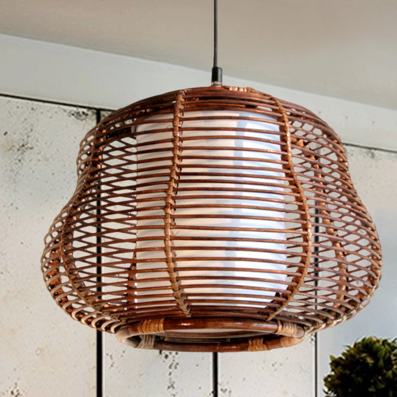 Brown Gourd Pendant Lamp Asia 1 Bulb Bamboo Hanging Ceiling Light with Inner White Tubular Shade Clearhalo 'Ceiling Lights' 'Pendant Lights' 'Pendants' Lighting' 379760