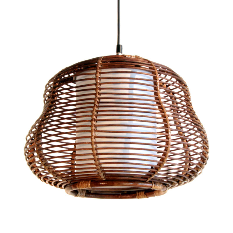 Brown Gourd Pendant Lamp Asia 1 Bulb Bamboo Hanging Ceiling Light with Inner White Tubular Shade Clearhalo 'Ceiling Lights' 'Pendant Lights' 'Pendants' Lighting' 379761