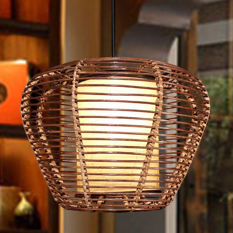 Urn Ceiling Lamp Asian Bamboo 1 Bulb Brown Pendant Light Fixture with Cylinder Parchment Shade Clearhalo 'Ceiling Lights' 'Pendant Lights' 'Pendants' Lighting' 379770