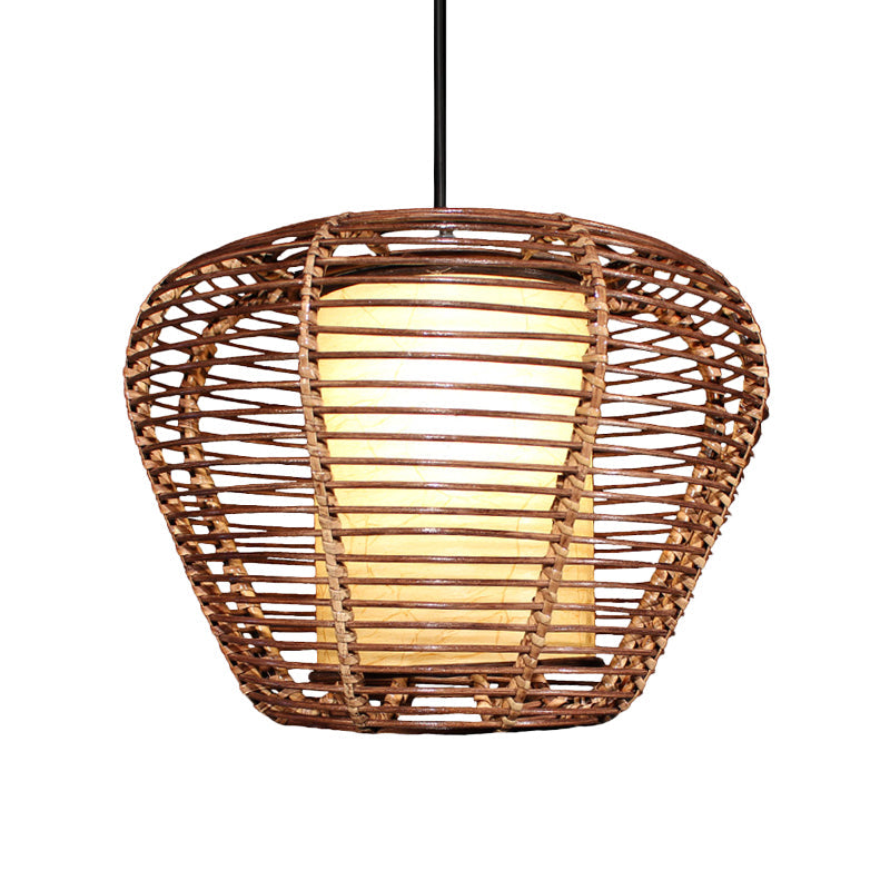 Urn Ceiling Lamp Asian Bamboo 1 Bulb Brown Pendant Light Fixture with Cylinder Parchment Shade Clearhalo 'Ceiling Lights' 'Pendant Lights' 'Pendants' Lighting' 379771