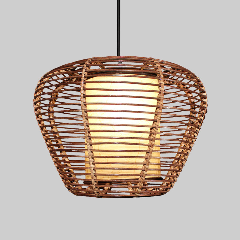 Urn Ceiling Lamp Asian Bamboo 1 Bulb Brown Pendant Light Fixture with Cylinder Parchment Shade Clearhalo 'Ceiling Lights' 'Pendant Lights' 'Pendants' Lighting' 379772