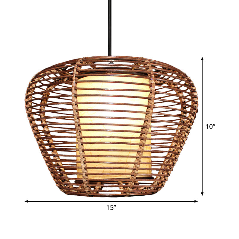 Urn Ceiling Lamp Asian Bamboo 1 Bulb Brown Pendant Light Fixture with Cylinder Parchment Shade Clearhalo 'Ceiling Lights' 'Pendant Lights' 'Pendants' Lighting' 379773