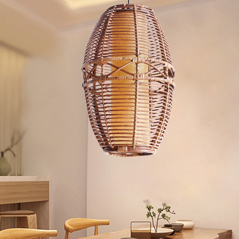 Brown Lantern Pendant Lamp Asia 1 Bulb Bamboo Hanging Light Fixture with Inner Tube Parchment shade Brown Clearhalo 'Ceiling Lights' 'Pendant Lights' 'Pendants' Lighting' 379806_ea77bd82-cb6e-44f4-816b-a99252535f92