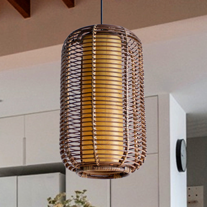 Cylindrical Pendant Light Japanese Bamboo 1 Head Suspended Lighting Fixture in Brown Brown Clearhalo 'Ceiling Lights' 'Pendant Lights' 'Pendants' Lighting' 379811_9f1b8072-fb74-4ff8-bcb3-57957a66358f