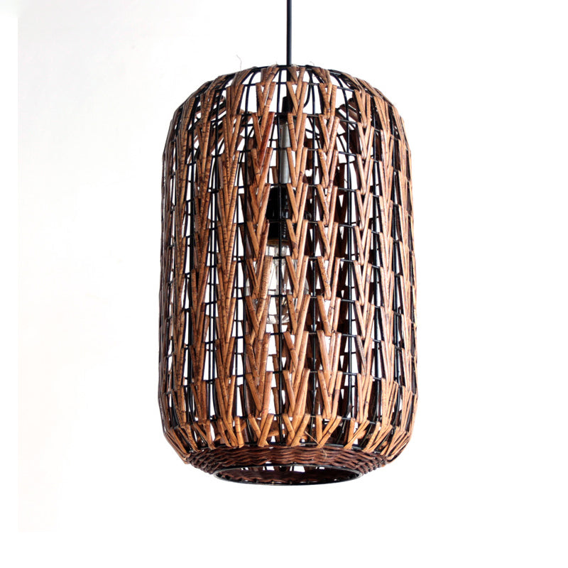 1 Head Restaurant Ceiling Light Asian Brown Pendant Lighting Fixture with Barrel Rattan shade Clearhalo 'Ceiling Lights' 'Pendant Lights' 'Pendants' Lighting' 379818