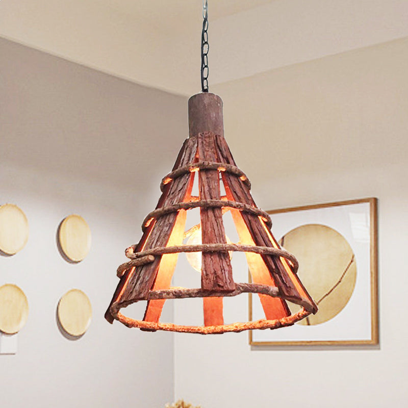 Wood Tapered Down Lighting Asian 1 Bulb Red-Brown Hanging Ceiling Light with Adjustable Chain Clearhalo 'Ceiling Lights' 'Pendant Lights' 'Pendants' Lighting' 379821