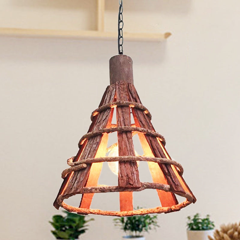 Wood Tapered Down Lighting Asian 1 Bulb Red-Brown Hanging Ceiling Light with Adjustable Chain Clearhalo 'Ceiling Lights' 'Pendant Lights' 'Pendants' Lighting' 379822