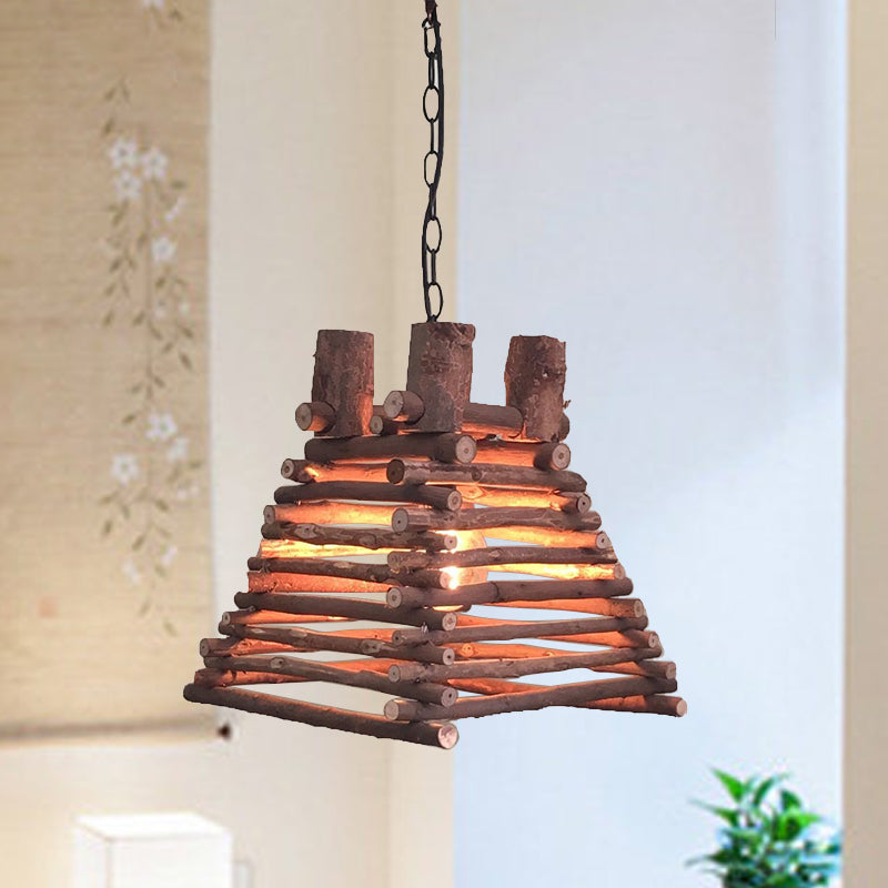 Chinese 1 Head Hanging Light Red-Brown Trapezoid Suspended Lighting Fixture with Wood Shade Wood Clearhalo 'Ceiling Lights' 'Pendant Lights' 'Pendants' Lighting' 379826_1f6a27b1-b88d-4d73-bbe8-433fc9c48f50