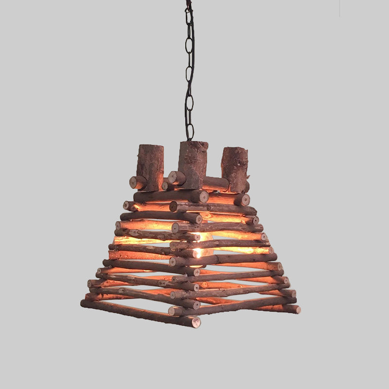 Chinese 1 Head Hanging Light Red-Brown Trapezoid Suspended Lighting Fixture with Wood Shade Clearhalo 'Ceiling Lights' 'Pendant Lights' 'Pendants' Lighting' 379829