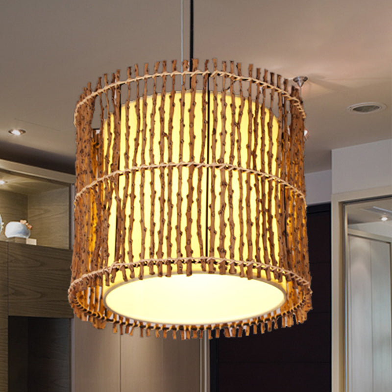 Cylinder Ceiling Light Asian Rattan 1 Head Khaki Pendant Lighting Fixture with Inner White Parchment Shade Clearhalo 'Ceiling Lights' 'Pendant Lights' 'Pendants' Lighting' 379921