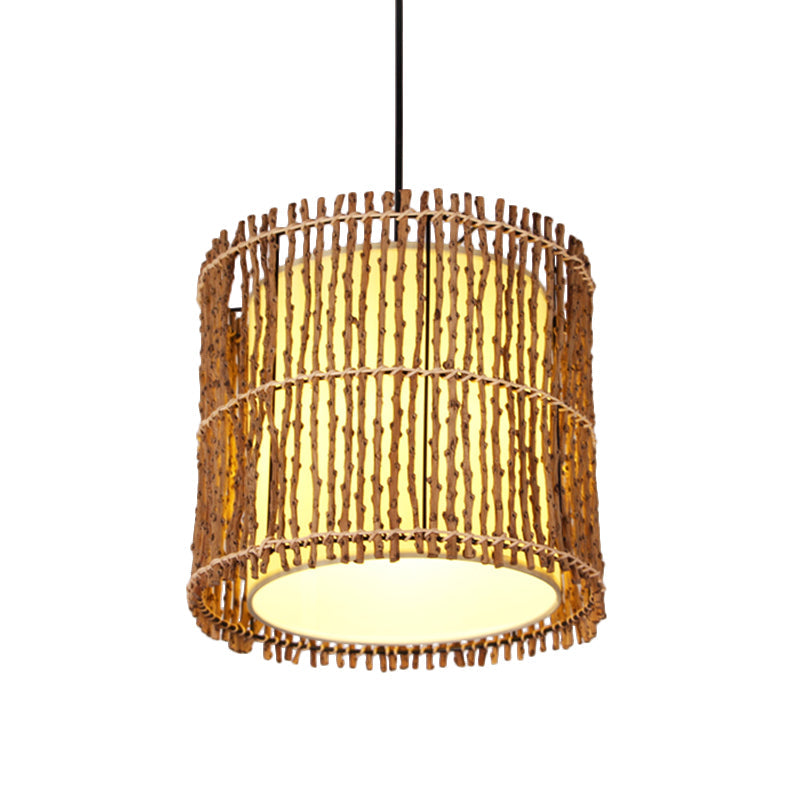 Cylinder Ceiling Light Asian Rattan 1 Head Khaki Pendant Lighting Fixture with Inner White Parchment Shade Clearhalo 'Ceiling Lights' 'Pendant Lights' 'Pendants' Lighting' 379922