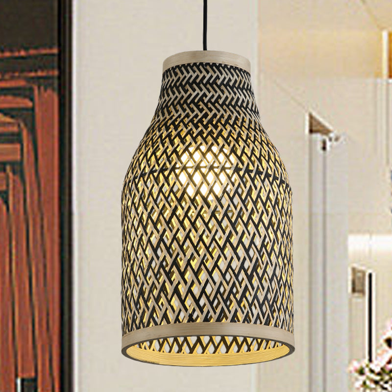 Hand Woven Pendant Lighting Japanese Rattan 1 Bulb Ceiling Suspension Lamp in Black Clearhalo 'Ceiling Lights' 'Pendant Lights' 'Pendants' Lighting' 379926