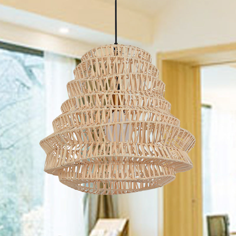 Laser Cut Hanging Lamp Chinese Bamboo 1 Head Beige Pendant Light Fixture, 12