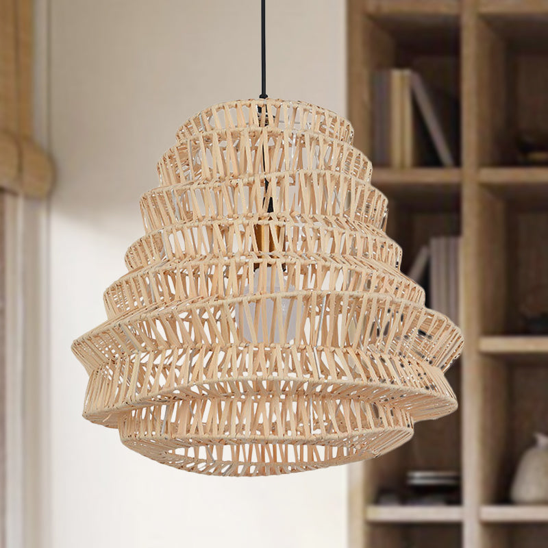 Laser Cut Hanging Lamp Chinese Bamboo 1 Head Beige Pendant Light Fixture, 12