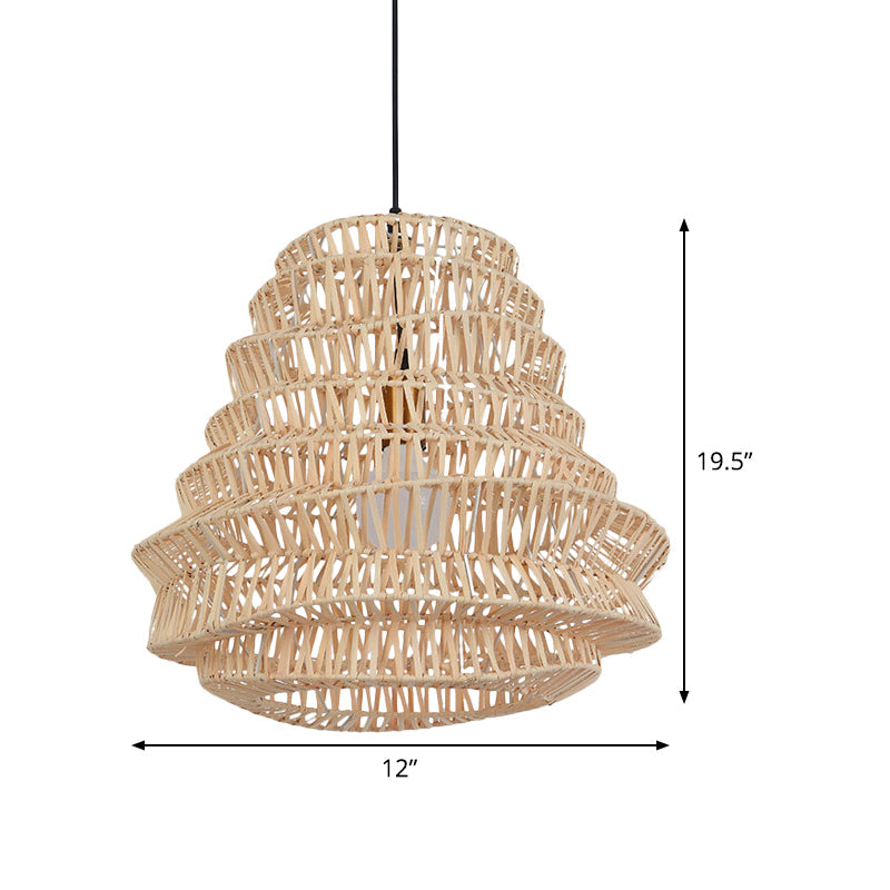 Laser Cut Hanging Lamp Chinese Bamboo 1 Head Beige Pendant Light Fixture, 12