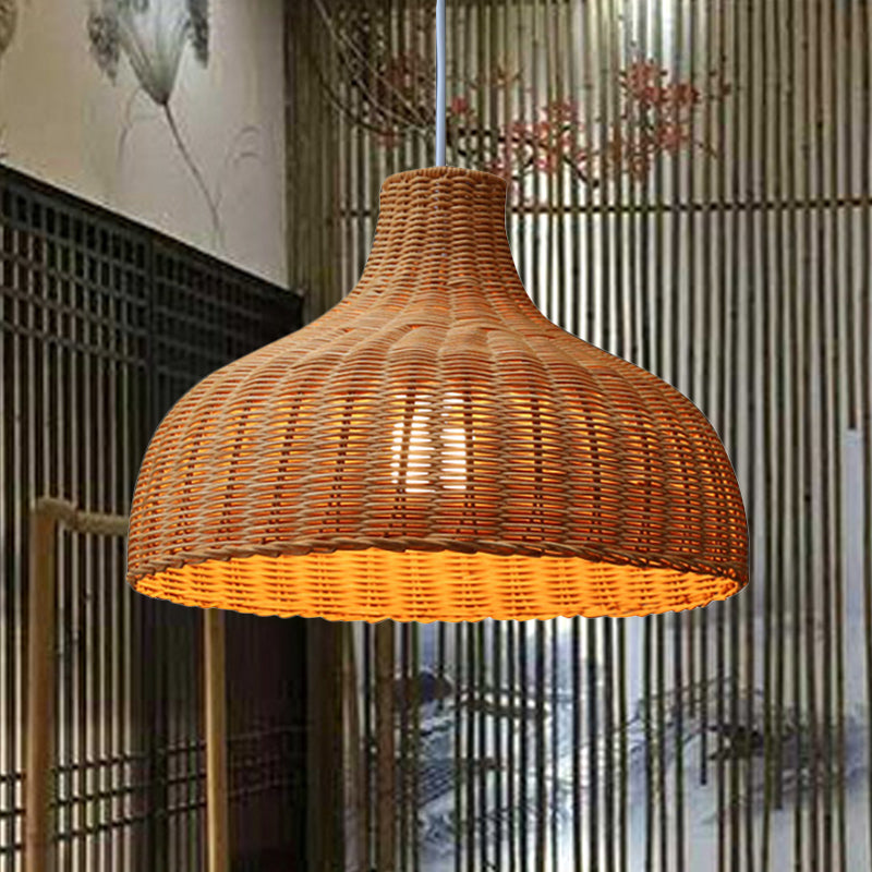 Chinese Dome Hanging Lamp Rattan 1 Bulb Ceiling Pendant Light in Orange for Restaurant Clearhalo 'Ceiling Lights' 'Pendant Lights' 'Pendants' Lighting' 379976