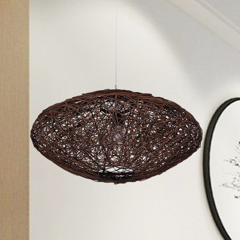 1 Head Teahouse Hanging Light Asian Black/White Pendant Lighting Fixture with Lantern Rattan Shade Clearhalo 'Ceiling Lights' 'Pendant Lights' 'Pendants' Lighting' 380007