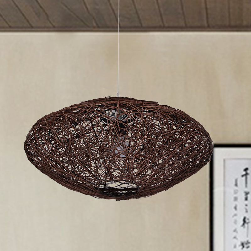 1 Head Teahouse Hanging Light Asian Black/White Pendant Lighting Fixture with Lantern Rattan Shade Clearhalo 'Ceiling Lights' 'Pendant Lights' 'Pendants' Lighting' 380008