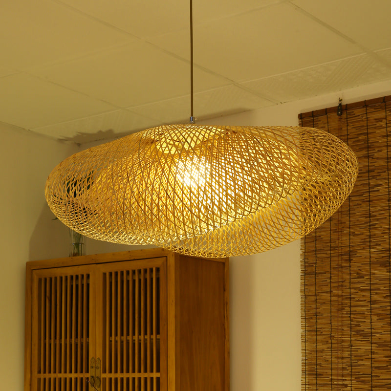 Asian 1 Bulb Hanging Light Flaxen Curved Pendant Lighting Fixture with Bamboo Shade Flaxen Clearhalo 'Ceiling Lights' 'Pendant Lights' 'Pendants' Lighting' 380062_80dfafcd-0c2e-4e91-a4f4-785e63e630c5