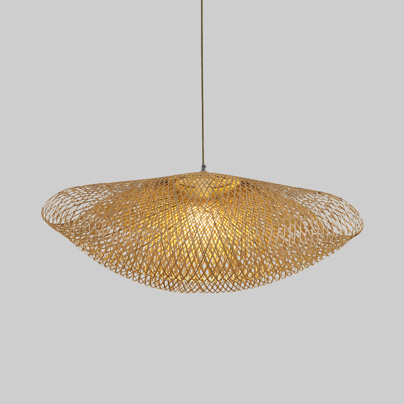 Asian 1 Bulb Hanging Light Flaxen Curved Pendant Lighting Fixture with Bamboo Shade Clearhalo 'Ceiling Lights' 'Pendant Lights' 'Pendants' Lighting' 380065