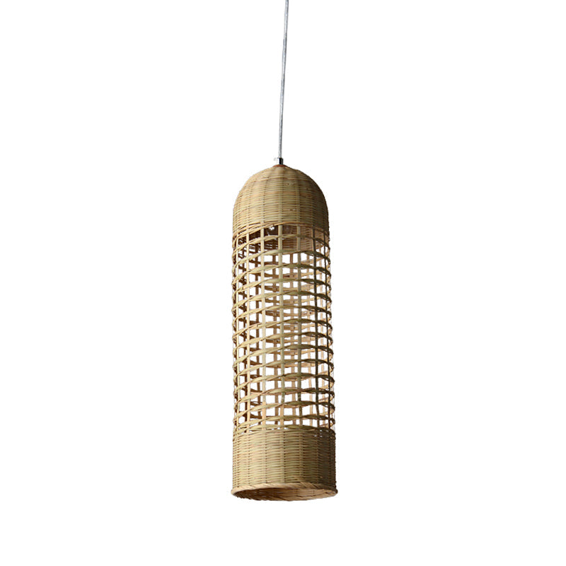 Asian 1 Head Pendant Lamp Beige Cylinder Hanging Ceiling Light with Bamboo Shade Clearhalo 'Ceiling Lights' 'Pendant Lights' 'Pendants' Lighting' 380085