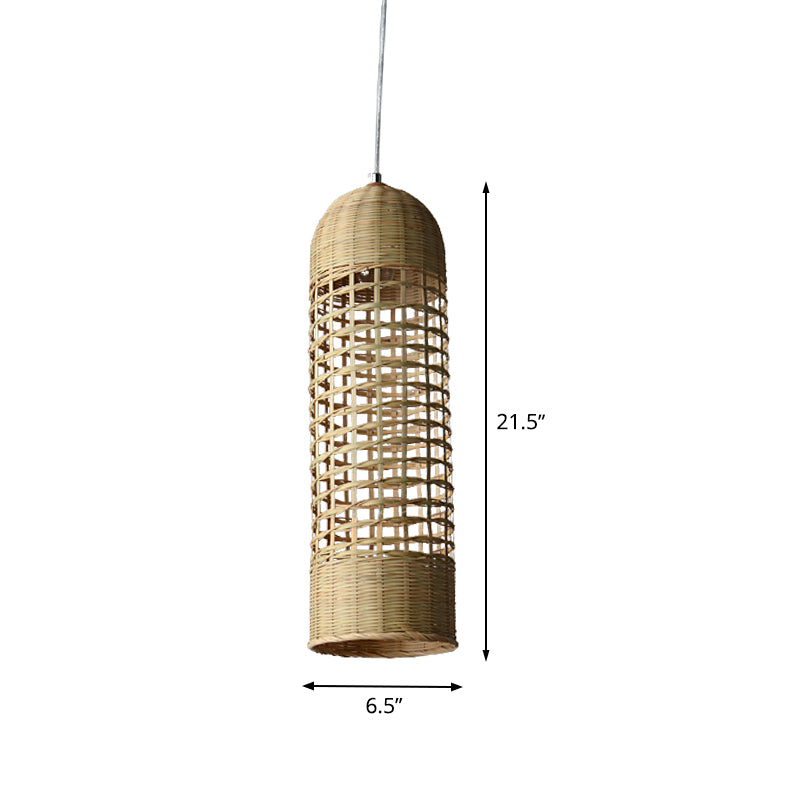 Asian 1 Head Pendant Lamp Beige Cylinder Hanging Ceiling Light with Bamboo Shade Clearhalo 'Ceiling Lights' 'Pendant Lights' 'Pendants' Lighting' 380086