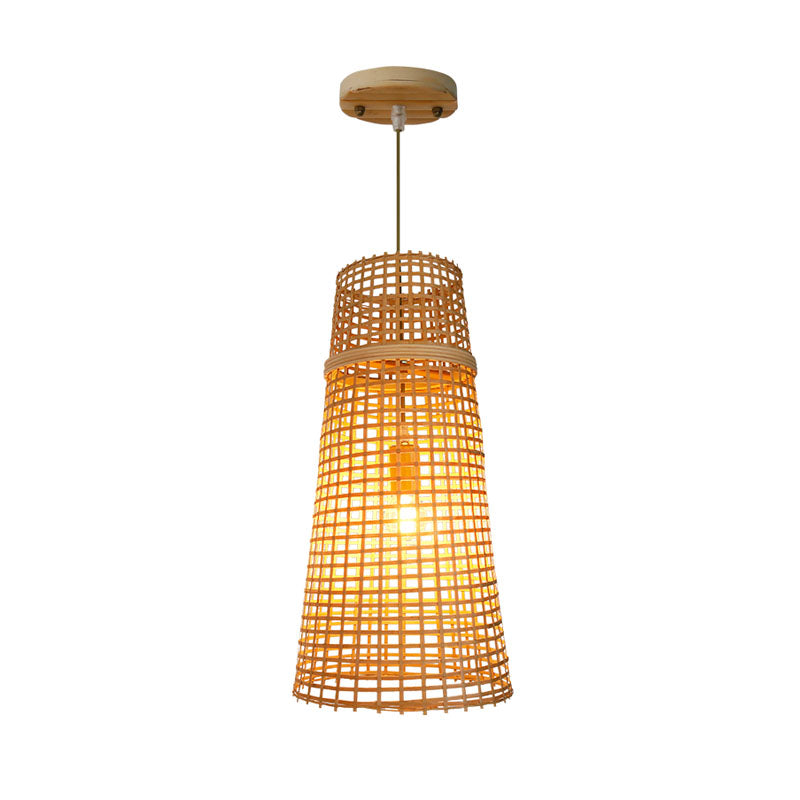 Chinese 1 Bulb Ceiling Lamp Beige Tapered Hanging Light Fixture with Bamboo Shade Clearhalo 'Ceiling Lights' 'Pendant Lights' 'Pendants' Lighting' 380135