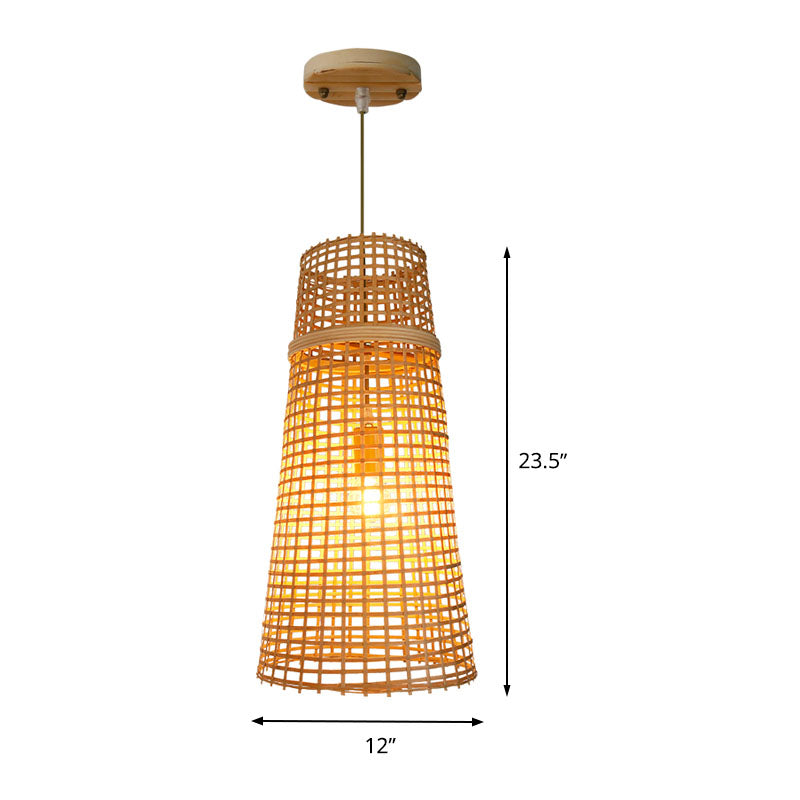 Chinese 1 Bulb Ceiling Lamp Beige Tapered Hanging Light Fixture with Bamboo Shade Clearhalo 'Ceiling Lights' 'Pendant Lights' 'Pendants' Lighting' 380136