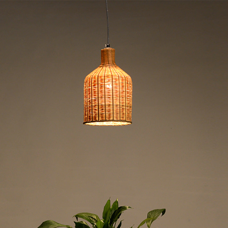 Chinese 1 Head Pendant Lamp Flaxen Tubular Hanging Ceiling Light with Bamboo shade Clearhalo 'Ceiling Lights' 'Pendant Lights' 'Pendants' Lighting' 380196