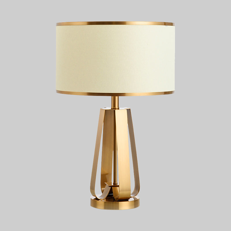 Fabric Drum Table Lamp Modernist 1 Head Gold Reading Book Light with Metal Base Clearhalo 'Lamps' 'Table Lamps' Lighting' 380283