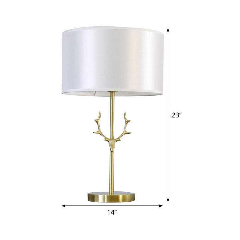 Cylindrical Fabric Desk Light Modernist 1 Bulb White Night Table Lamp with Gold Metal Elk Clearhalo 'Lamps' 'Table Lamps' Lighting' 380356