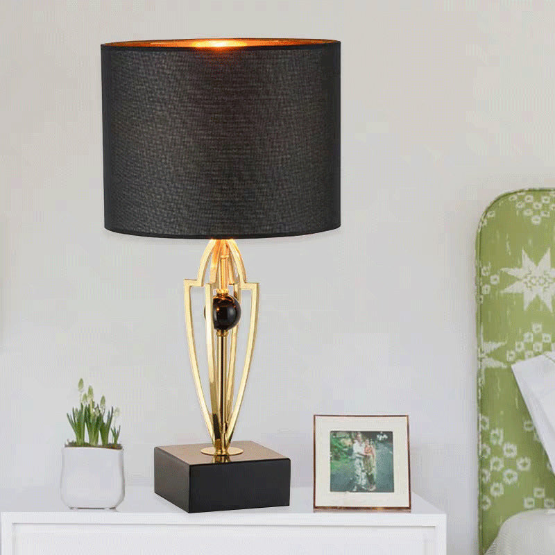 Fabric Drum Task Light Modernist 1 Bulb Black Small Desk Lamp with Square Marble Base Clearhalo 'Lamps' 'Table Lamps' Lighting' 380368