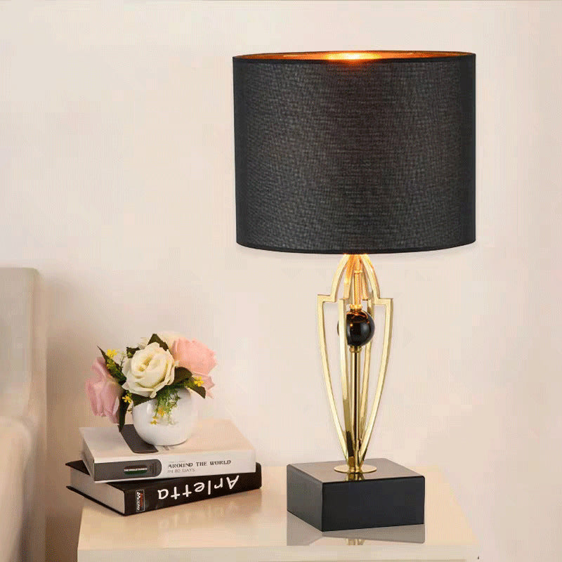 Fabric Drum Task Light Modernist 1 Bulb Black Small Desk Lamp with Square Marble Base Clearhalo 'Lamps' 'Table Lamps' Lighting' 380369