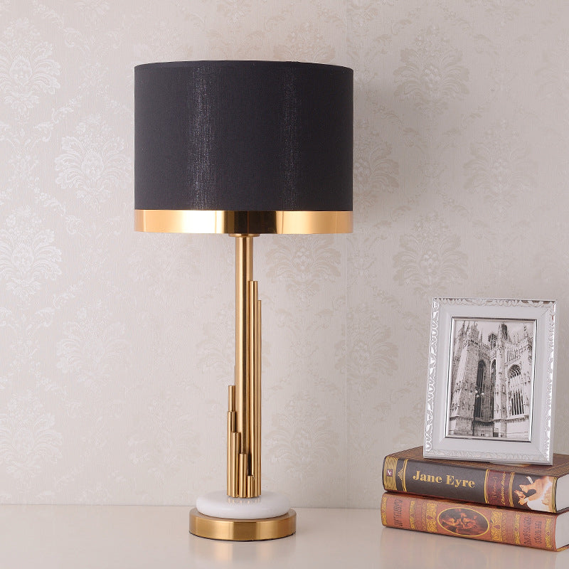 Contemporary 1 Bulb Task Lighting Gold Cylindrical Night Table Lamp with Black Fabric Shade Clearhalo 'Lamps' 'Table Lamps' Lighting' 380377