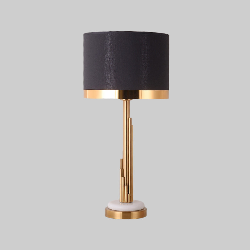 Contemporary 1 Bulb Task Lighting Gold Cylindrical Night Table Lamp with Black Fabric Shade Clearhalo 'Lamps' 'Table Lamps' Lighting' 380379