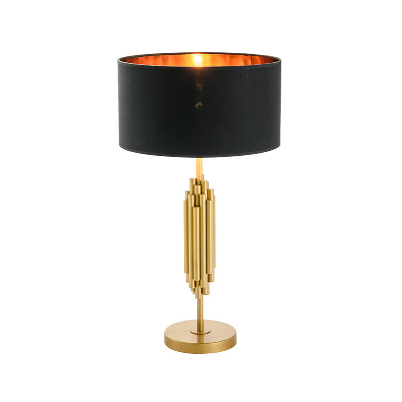 Contemporary Shaded Desk Light Fabric 1 Head Nightstand Lamp in Black with Gold Circular Metal Base Clearhalo 'Lamps' 'Table Lamps' Lighting' 380394