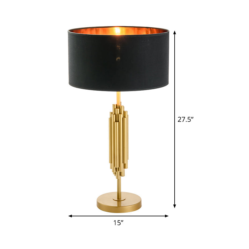 Contemporary Shaded Desk Light Fabric 1 Head Nightstand Lamp in Black with Gold Circular Metal Base Clearhalo 'Lamps' 'Table Lamps' Lighting' 380395