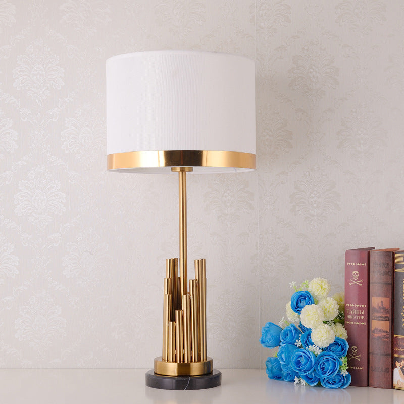 1 Head Bedroom Task Lighting Modern Gold Small Desk Lamp with Cylinder Fabric Shade Clearhalo 'Lamps' 'Table Lamps' Lighting' 380397