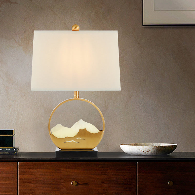 1 Head Trapezoid Desk Light Modern Fabric Night Table Lamp in Gold with Rectangle Black Marble Base Clearhalo 'Lamps' 'Table Lamps' Lighting' 380464