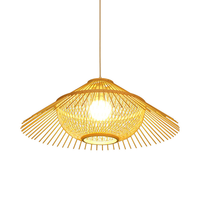 1 Head Tearoom Ceiling Lamp Asia Yellow Pendant Lighting Fixture with Conical Bamboo Shade Clearhalo 'Ceiling Lights' 'Pendant Lights' 'Pendants' Lighting' 380541