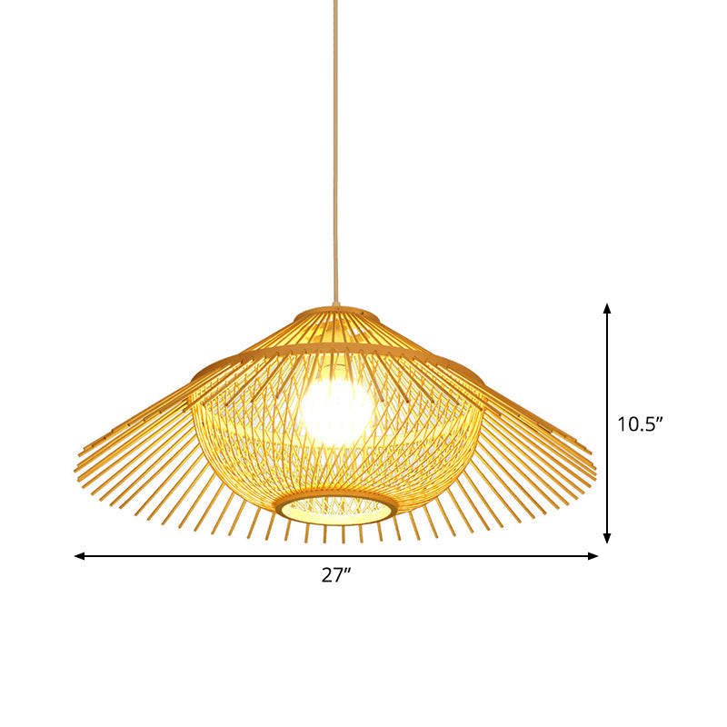 1 Head Tearoom Ceiling Lamp Asia Yellow Pendant Lighting Fixture with Conical Bamboo Shade Clearhalo 'Ceiling Lights' 'Pendant Lights' 'Pendants' Lighting' 380543