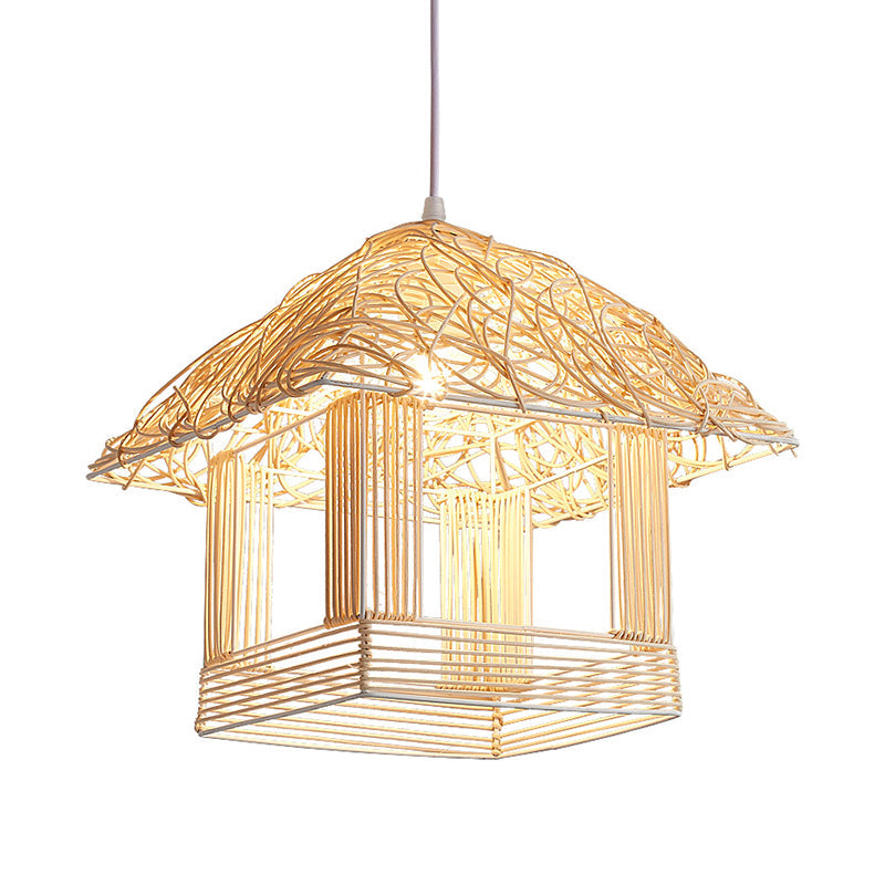 Asian 1 Bulb Pendant Light Beige House Suspended Lighting Fixture with Bamboo Shade Clearhalo 'Ceiling Lights' 'Pendant Lights' 'Pendants' Lighting' 380552