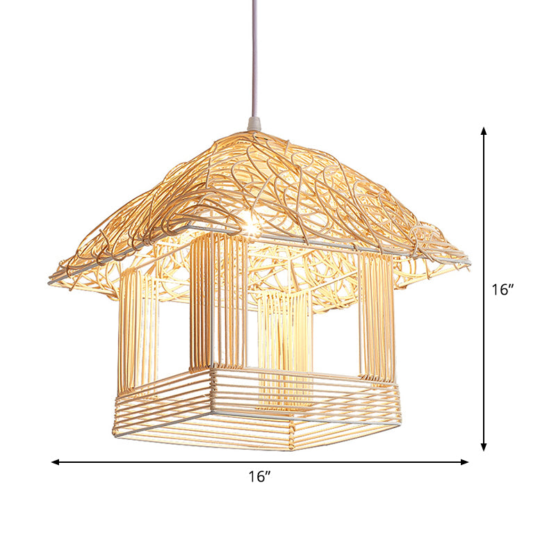 Asian 1 Bulb Pendant Light Beige House Suspended Lighting Fixture with Bamboo Shade Clearhalo 'Ceiling Lights' 'Pendant Lights' 'Pendants' Lighting' 380553