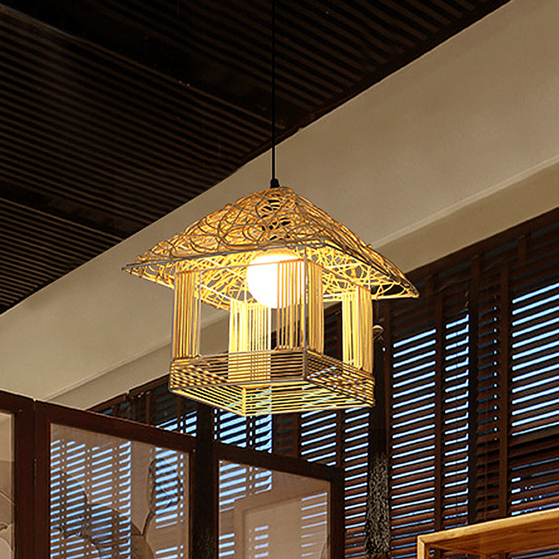 Tower Bamboo Pendant Lamp Chinese 1 Bulb White Hanging Ceiling Light for Teahouse Clearhalo 'Ceiling Lights' 'Pendant Lights' 'Pendants' Lighting' 380554