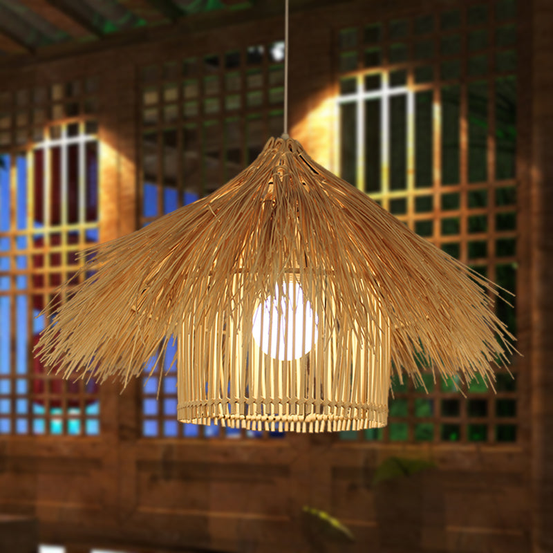 Asian 1 Head Ceiling Light Coffee/Flaxen Handcrafted Pendant Lighting Fixture with Bamboo Shade Clearhalo 'Ceiling Lights' 'Pendant Lights' 'Pendants' Lighting' 380594