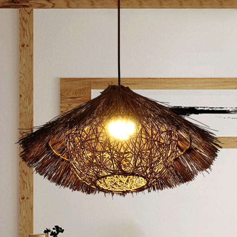 Tapered Hanging Light Chinese Rattan 1 Head Coffee Suspended Lighting Fixture, 16.5