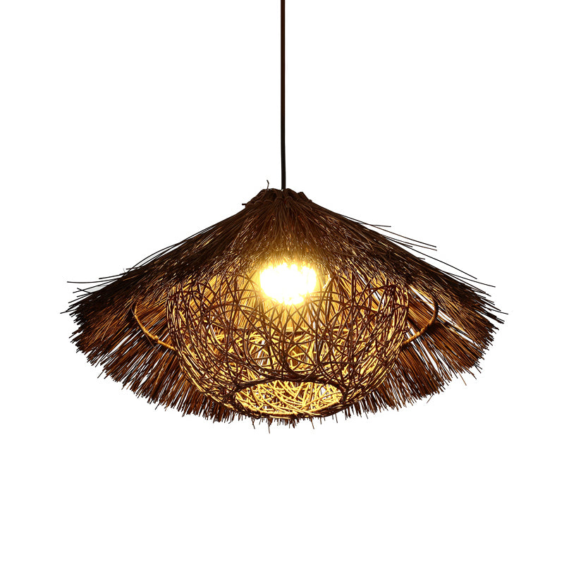 Tapered Hanging Light Chinese Rattan 1 Head Coffee Suspended Lighting Fixture, 16.5