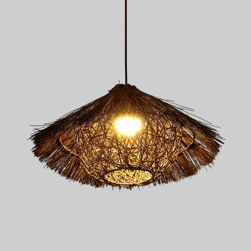 Tapered Hanging Light Chinese Rattan 1 Head Coffee Suspended Lighting Fixture, 16.5